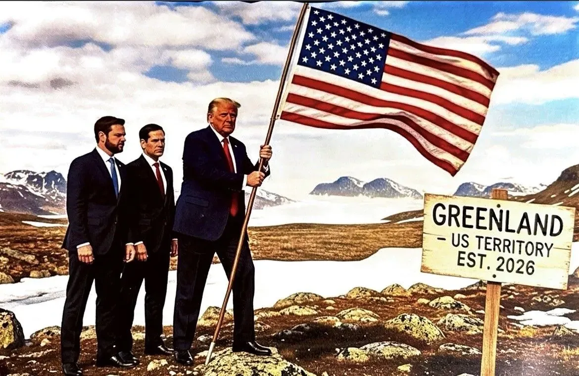 AI-generated image of Trump, JD Vance, and Marco Rubio planting US flag on Greenland